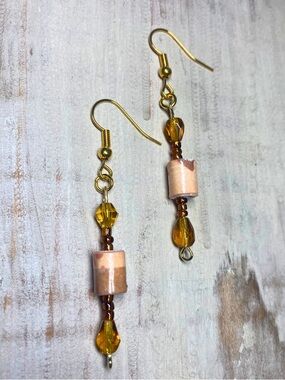 Handmade Czech Glass Amber and Paper Bead Dangle Earrings